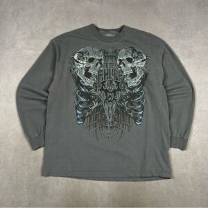 MMA Elite Affliction Style Men's Long Sleeve Skull Graphic Tee - Charcoal Gray